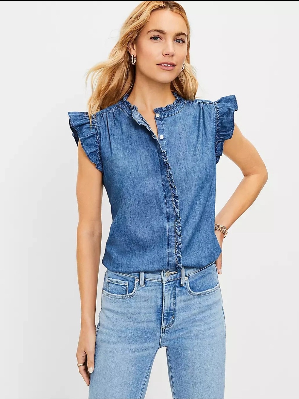 LOFT Denim Ruffle-Trim Button down Blouse | Size M Petite